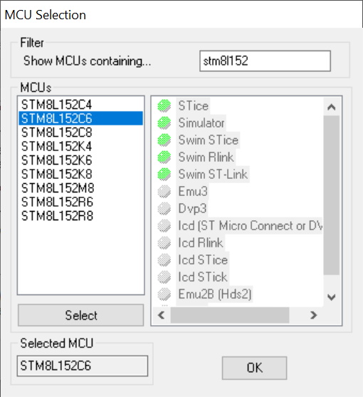 Select MCU dialog